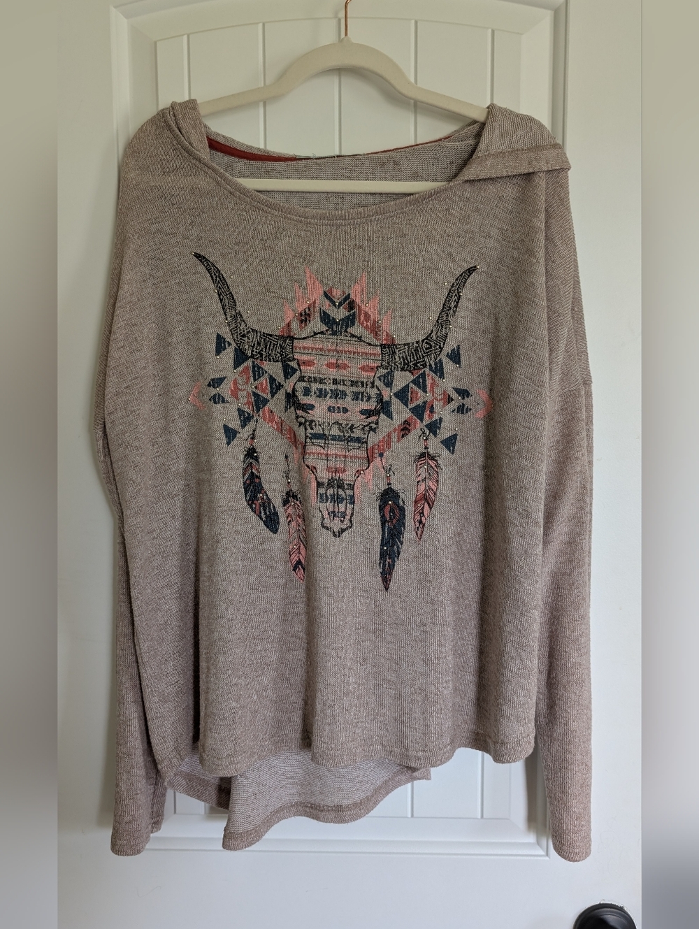 Maurices Boho Bull Graphic Knit Pullover - Taupe with Coral & Navy Accents